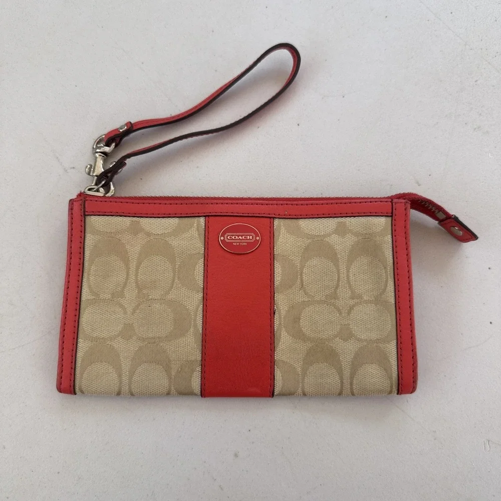 Coach Tan Clutch Wristlet Zip Wallet in  Khaki & Coral  7.5